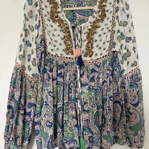 Boho Paisley Peasant Tunic in Blue and Green